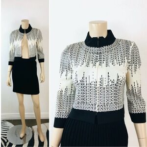 Vintage St. John Knits Black & White Patterned Cardigan/Bomber Jacket Zip Front